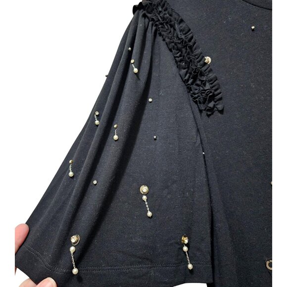 Kobi Halperin Black Embellished Top With Ruffle Sleeves & Pearl Accents S - Picture 5 of 9